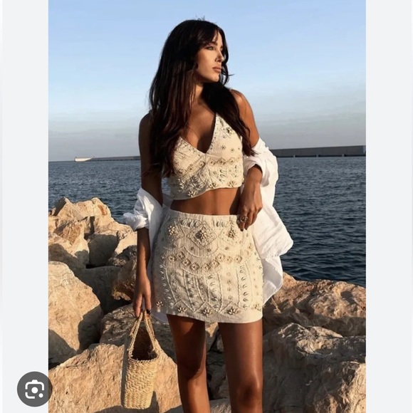 Zara embroidered shell mini skirt small beachy summer 7521/074 cream beige tan - Picture 15 of 15